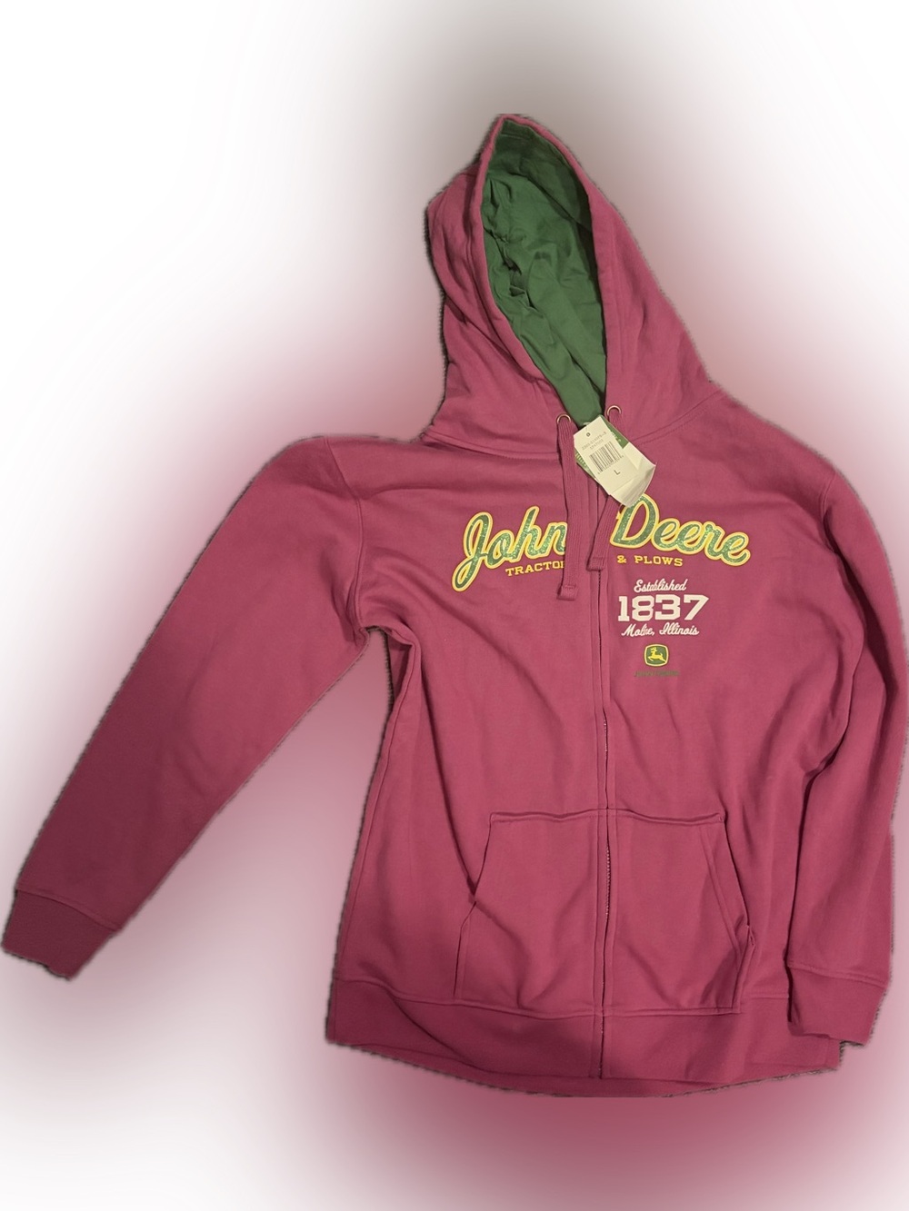 John Deere Tractors & Plows Pink Full-Zip Hoodie NWT Womenโs Large